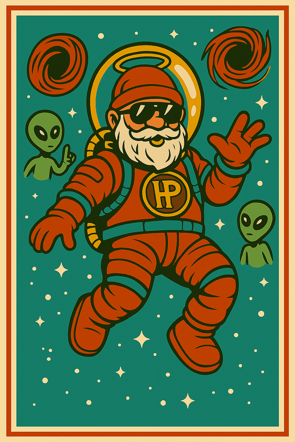 Affiche avec un astronaute troglodyte et des créatures spatiales.